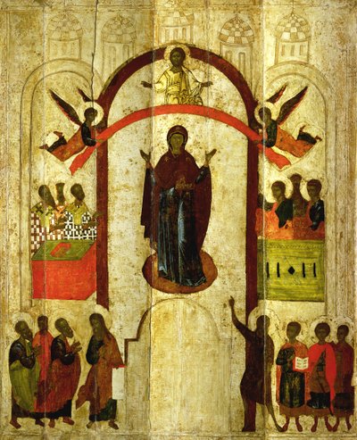 Der Schutz der Theotokos (Mutter Gottes) Russische Ikone aus dem Zverin-Kloster, 1399 von Novgorod School